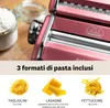 A close-up of a pink pasta maker with different types of pasta displayed below. Náhľad obrázku produktu