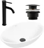 A white oval basin, a black faucet, and a black drain assembly are displayed against a white background. Náhľad obrázku produktu