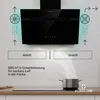 A black range hood is shown above a stovetop with a pot emitting steam. Diagrams illustrate airflow for exhaust and recirculation. Produktbild-Vorschau