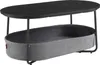 A modern oval coffee table with a black wooden top and a gray fabric basket underneath, set against a white background. Náhled obrázku produktu