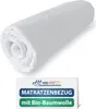 A rolled-up white mattress topper with a patterned texture, displayed on a white background with a product information label below. Produktbild-Vorschau