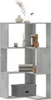 A concrete gray corner bookshelf with three shelves, displaying various decorative items and storage boxes. Náhled obrázku produktu