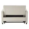 The back view of a beige sofa bed with its backrest partially open, revealing the storage space underneath. Produktbild-Vorschau
