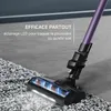 Close-up of a cordless vacuum cleaner head with LED lights illuminating a carpeted floor. Voir les images du produit