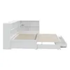 A white bed frame with integrated bookshelves, shown from the side. Produktbild-Vorschau