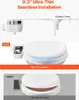 Collage showing a bidet attachment, its installation, and compatibility with different toilet seats. Produktbild-Vorschau