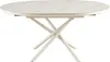A white oval dining table with a marble-like pattern on the tabletop and a white criss-cross metal base, shown against a white background. Produktbild-Vorschau