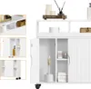 A white bathroom cabinet with a sliding door and open shelves, showing various bathroom items. Produktbild-Vorschau