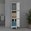 A tall, narrow metal locker with three open doors, revealing storage compartments. Anteprima dell’immagine prodotto