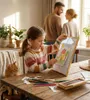 A family is in a bright room, with a young girl drawing at a table while her parents stand in the background. Produktbild-Vorschau