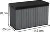 A grey and black outdoor storage box with dimensions indicated. Podgląd zdjęcia produktu