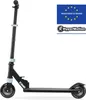 A black and blue scooter is shown against a white background, with brand logos and EU registration information in the upper right corner. Náhľad obrázku produktu