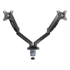 A black dual monitor gas spring mount is shown against a white background. Produktbild-Vorschau
