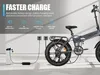 An electric bicycle is shown charging next to a wall with promotional text and icons. Produktbild-Vorschau