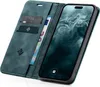 A teal flip case for an iPhone is shown open, displaying the phone screen and card slots. Produktbild-Vorschau