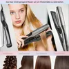 A collage showing a woman using a hair straightener, close-ups of hair straighteners, and before/after hair styling results. Produktbild-Vorschau