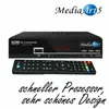 A black satellite receiver and its remote control are displayed on a white background, with marketing text above and below. Produktbild-Vorschau