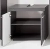 A close-up view of a gray bathroom vanity cabinet with one door open, revealing two shelves. Produktbild-Vorschau