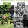A split image showing a garden scene with a bicycle-shaped plant stand on the left and a black and white image of potted plants and soil on the right. Produktbild-Vorschau