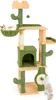 A multi-level cat tree designed to resemble a cactus, with various platforms, a hammock, a hideaway, and scratching posts. Two cats are shown interacting with the tree.