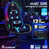 A black gaming chair with LED lighting and massage features, presented in a promotional graphic with overlaid text and logos. Podgląd zdjęcia produktu