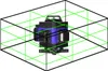 A 4D laser level device is shown emitting green laser lines within a wireframe box, illustrating its projection capabilities. Produktbild-Vorschau