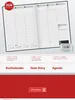An open diary with a red circle indicating the year 2026, and text describing its features. Produktbild-Vorschau