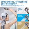A woman is showering with a handheld showerhead, and the image is divided into sections highlighting different shower modes. Produktbild-Vorschau