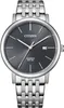 A close-up studio shot of a men's wristwatch with a silver metal band and a dark gray dial. Náhľad obrázku produktu