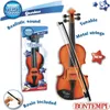 A Bontempi toy violin and its packaging are displayed against a white background, with promotional text and graphics highlighting features. Produktbild-Vorschau