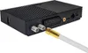 The rear view of a black satellite receiver box with various ports and connectors. A coaxial cable with a gold F-connector is being inserted into one of the ports. Produktbild-Vorschau