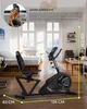 A recumbent exercise bike is shown in a room with a bed and furniture, with a person's photo and text overlay. Produktbild-Vorschau