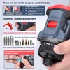 A close-up view of a person's hand holding a cordless electric screwdriver, with various drill bits and accessories displayed in the background. The image highlights the product's features and modes of operation. Podgląd zdjęcia produktu