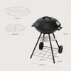A diagram showing the dimensions of a black charcoal grill with wheels, alongside a separate image of the grill itself. Produktbild-Vorschau
