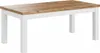 A white dining table with a wooden top, shown from a slightly elevated side angle against a white background. Produktbild-Vorschau