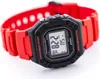 A close-up, angled shot of a Casio digital watch with a black casing and a red strap, set against a white background. Anteprima dell’immagine prodotto