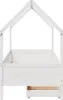 A side view of a white wooden children's bed with a house-shaped frame and a pull-out drawer. Náhled obrázku produktu