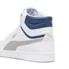 A close-up view of the back and side of a white Puma sneaker with blue and gray accents. Produktbild-Vorschau