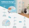 A collage of images showing a blue foldable laundry rack with multiple tiers and wheels, demonstrating its assembly and compact storage. Náhľad obrázku produktu