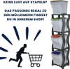 A person is shown running with a shopping cart towards a stack of trash cans, with text encouraging viewers to visit the shop for a matching shelf. Produktbild-Vorschau