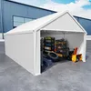 A white tent-like structure, likely a carport or storage shed, is shown outdoors on a concrete surface. Inside, shelves are stocked with various items, and a snowblower is parked. Produktbild-Vorschau