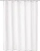 A white textile shower curtain hanging from a shower rod. Produktbild-Vorschau