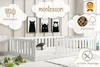 A white Montessori-style floor bed for children, set in a nursery or child's room. The bed has a low profile and protective railings. Decorative elements like framed monster art and toy trains are visible. Produktbild-Vorschau