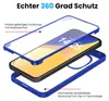 An exploded view of a phone case, showing its three parts: a clear front cover with a screen protector, a black phone with a blue frame, and a blue back cover. Produktbild-Vorschau