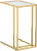A product shot of a gold-colored C-shaped side table with a transparent glass top, isolated on a white background. Produktbild-Vorschau