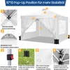 A diagram illustrating the features of a white pop-up pavilion. Voir les images du produit