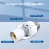 A close-up marketing image of a white E27 motion sensor lamp holder adapter with labels pointing to its features. Podgląd zdjęcia produktu