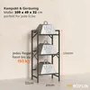 A metal shelf unit with three shelves, each holding a weight marked '150 KG'. Dimensions and weight capacity are displayed. Produktbild-Vorschau