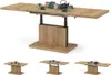 A wooden extendable and height-adjustable coffee table with a central pedestal base, shown in its extended state with decorative items on top. Below are three smaller images showing the table in different configurations. Produktbild-Vorschau