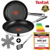 A collage of Tefal Jamie Oliver frying pans and accessories, along with marketing and energy rating information. Produktbild-Vorschau